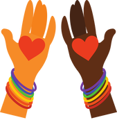 a white hand and black hand raised with both bracelets of the rainbow and holding hearts